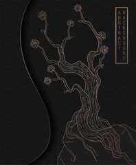 abstract illustration with stylized sakura tree in black and gold colours