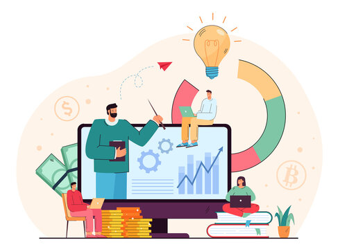 Students with laptops learning about cryptocurrency and trading. Online business school or academy flat vector illustration. Education, financial literacy, university concept for website design