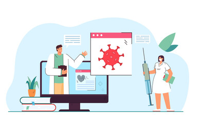 Medical webinar on coronavirus. Nurse with syringe watching online lecture by doctor flat vector illustration. Healthcare, education concept for banner, website design or landing web page