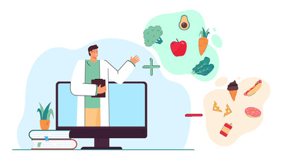 Online medical webinar on healthy and junk food. Doctor on monitor talking about vegetables and fast food flat vector illustration. Healthy lifestyle, healthcare concept for banner, website design