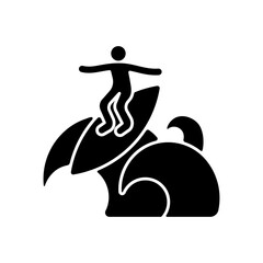 Floater surfing technique black glyph icon. Ride over breaking wave top. Performing advanced level manoeuvre. Traveling atop wave crest. Silhouette symbol on white space. Vector isolated illustration