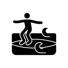 Noseriding surfing technique black glyph icon. Performing maneuver on head-high waves. Glide across waves on longboard nose. Silhouette symbol on white space. Vector isolated illustration