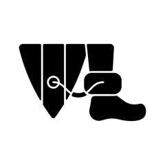 Wearing surfboard leash black glyph icon. Being attached to surfboard deck by leg rope. Preventing board from hitting other surfers. Silhouette symbol on white space. Vector isolated illustration