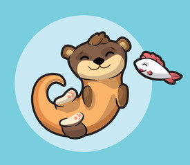 otter beaver animal zoo river fish funny cub character icon flat vector