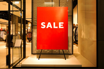 Red stand SALE. Display in shop window. Season of discounts. Bright banner in clothing store