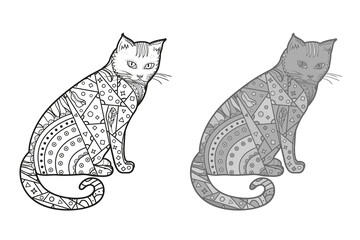 Hand drawn zen cat with abstract patterns on isolated background. Different color options. Black and white illustration