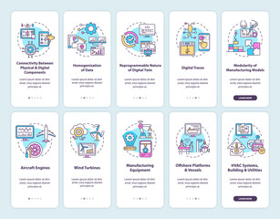 Digital twin onboarding mobile app page screen set. Modern technologies walkthrough 5 steps graphic instructions with concepts. UI, UX, GUI vector template with linear color illustrations