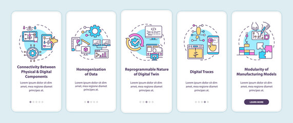 Digital twin characteristics onboarding mobile app page screen. Connectivity walkthrough 5 steps graphic instructions with concepts. UI, UX, GUI vector template with linear color illustrations - obrazy, fototapety, plakaty