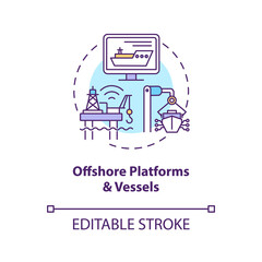 Offshore platforms and vessels concept icon. Digital twin application by industry. Smart technologies abstract idea thin line illustration. Vector isolated outline color drawing. Editable stroke