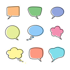 Set of pastel speech bubbles. Communication of people. Empty text labels.