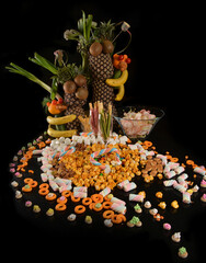 tropical fresh mixed fruits platter buffet with watermelon, pineapple, grapes and more organic halal menu