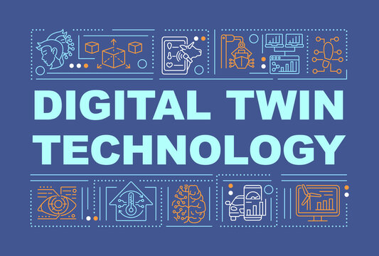 Digital twin technology word concepts banner. Smart systems. Infographics with linear icons on navy background. Isolated creative typography. Vector outline color illustration with text