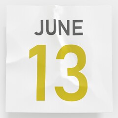 June 13 date on crumpled paper page of a calendar, 3d rendering