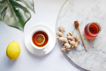 top view of herbal tea and ingredient on table 