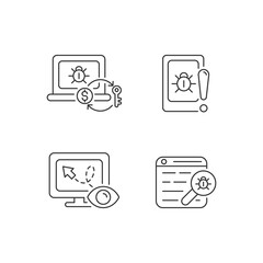 Internet censorship linear icons set. Ransomware. Cell phone bugging. Web bug. Location tracking. Customizable thin line contour symbols. Isolated vector outline illustrations. Editable stroke