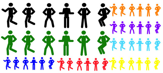 Multi-colored sets of active dancing pictograms of a person in different poses, isolated on a white background, flat design style.