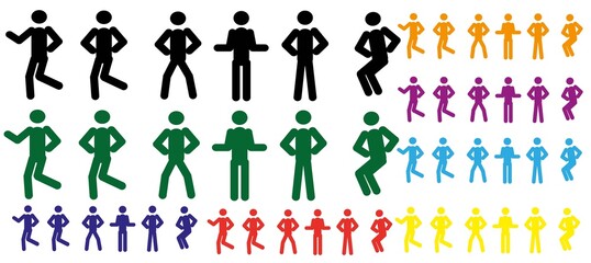 Multi-colored sets of active dancing pictograms of a person in different poses, isolated on a white background, flat design style.