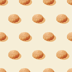 Seamless pattern of moon cakes on light yellow background. Mid-autumn festival illustration for wallpaper, fabrics, textiles, prints, wrappers, curtain.  