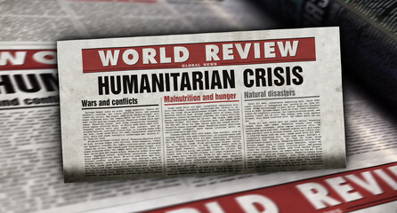 Humanitarian crisis news, famine and hunger disaster retro newspaper illustration
