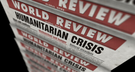 Humanitarian crisis news, famine and hunger disaster retro newspaper illustration