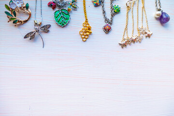 a lot of costume jewelry light summer bijouterie. Copy space