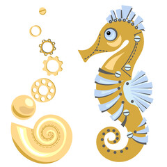 Cute abstract sea horse with golden shell, gear wheels. Fantastic mechanical seahorse. Steampunk style. Cartoon design.