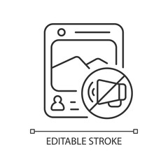 Social media censorship linear icon. Restrict access to harmful groups. Silencing voices. Thin line customizable illustration. Contour symbol. Vector isolated outline drawing. Editable stroke