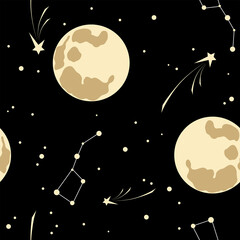 Materiał do szycia Moon, star, constellation Ursa Major, meteors on black sky background. Space seamless pattern.
