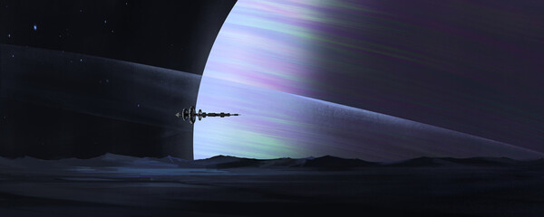 The spaceship sails over the alien star, 3D illustration. © liuzishan