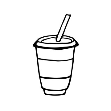 Doodle vector disposable paper cup with a tube for a hot drink