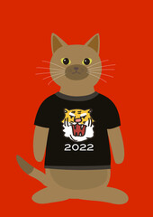 虎の絵のTシャツを着た茶色猫　寅年年賀状