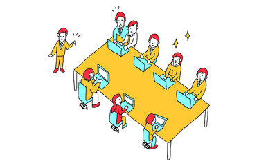 上司のマネジメントを受けながらオフィスでノートパソコンに向かって働くビジネスチーム