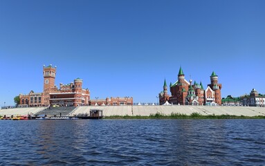 Fototapeta na wymiar Beautiful view of the embankment in Russia in the city of Yoshkar-Ola. Traveling and exploring around the world. Traveling around the countries and cities of the world and exploring the world around 