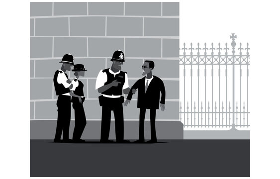 British cops. Cop on the street. A police patrol is trying to detain the suspect. Vector image for prints, poster and illustrations.