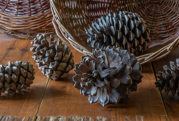 Big beautiful cones on an old shabby table against the background of a wicker basket.
