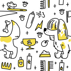 Dog grooming pattern. Dog grooming. Groomer. Grooming tools. Doodle pattern. For backgrounds, packaging, textile and various other designs.