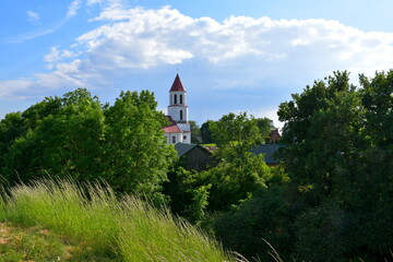 A view from the top of a tall hill with many deciduous trees and shrubs visible, as well with a tall tower of a nearby church seen next to a small Polish village on a cloudy yet warm day outside