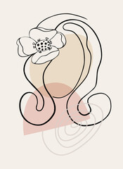 Abstract modern face with a botanical natural element. Minimalism and simple forms. Women's portrait in a single line style. Beauty concept, wall art. T-shirt print and trendy vector poster