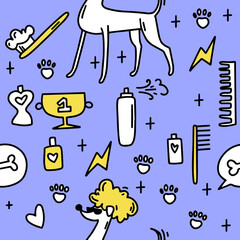 Dog grooming pattern. Dog grooming. Groomer. Grooming tools. Doodle pattern. For backgrounds, packaging, textile and various other designs.
