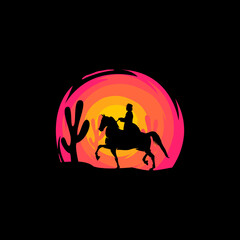 Black horse silhouette logo on sunset background