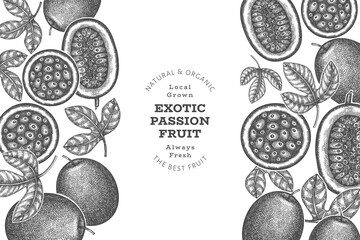 Hand drawn sketch style passion fruit banner. Organic fresh fruit vector illustration. Retro exotic fruit design template