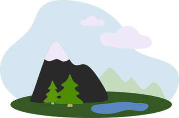Landscape. Mountains, coniferous trees, a lake, clouds. Vector illustration.