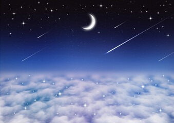 三日月と流れ星と星空と雲海（青紫色）