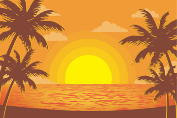 Fototapeta na wymiar palm tree silhouette sunset view on tropical beach at dusk