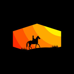 Fototapeta na wymiar Black horse silhouette logo on sunset background