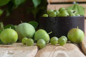 Fresh gooseberries in clay pot. Traditional clay pot cooking. Gooseberry pickle making.green gooseberry and apple on a wooden surface