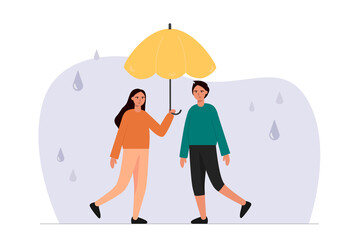Boy and girl standing under umbrella. Rain protection. 
 Blue abstract background with raindrops. Trendy vector illustration for web, banner