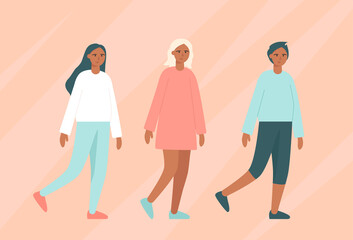 People walking. Trendy vector characters, boy and girls. For web, banners