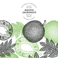 Hand drawn sketch style jackfruit banner. Organic fresh fruit vector illustration. Retro breadfruit design template