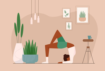 Young female character doing yoga in yoga studio or home. Trendy vector illustration for web, banner